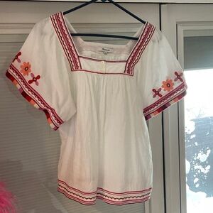 Madewell White Blouse with Red and Orange Embroidery